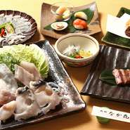 ・ゆびき（てっぴ）
・てっさ
・フグ唐揚げ
・京都牛ステーキ　50ｇ
・てっちり（アラ身3切）
・雑炊
・デザート