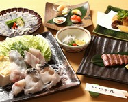 ・ゆびき（てっぴ）
・てっさ
・フグ唐揚げ
・京都牛ステーキ　50ｇ
・てっちり（アラ身3切）
・雑炊
・デザート