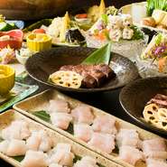 ・前菜盛り合わせ
・鱧　落とし
・鱧　揚物
・京都牛ステーキ　50ｇ　焼き野菜
・鱧しゃぶしゃぶ　お野菜盛り合わせ
・鱧　雑炊
・香の物
・デザート