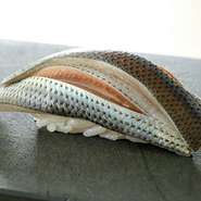 風味にこだわった江戸前の小肌。銀色に輝くその一貫には、さまざまな技術が集約されています。