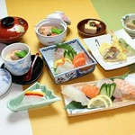 先附・刺身(３点盛)・茶碗蒸し・玉ねぎピクルス・本日の一品・天婦羅・にぎり５貫・吸物・デザート
