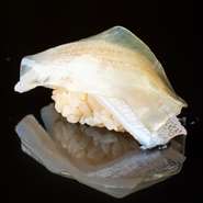 代表的な小魚であるキスをテーマにした【吉鮨】オリジナルの一貫。素洗いした昆布で仕込んだキスに、さらにパンチを与えるため白板昆布で纏め上げています。淡泊なキスの魅力をグッと際立たせた逸品です。