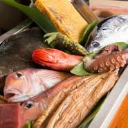 玄界灘や沖ノ島周辺で獲れた魚がメイン。自家製塩で味わえる白身の魚は、仕入れ状況で種類が異なります。週1回程度、店主自ら玄界灘まで釣りに行き、ヤリイカを沖漬けにして提供することも。