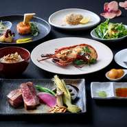 贅を尽くした特別コース「醍醐味」。前菜から、とろけるような食感の和牛に加え、国産の活伊勢海老または鮑がお選びいただけます。お祝いや記念日など、大切な方との特別なひとときを華やかに彩ります。