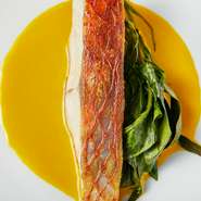 付け合わせの野菜に朝採れの空心菜のソテーを添えた鮮魚のポワレ。海と山の恵みで楽しませるひと皿です。魚介は中央市場はもちろんのこと、漁師とも直接連絡を取り、より良質な素材を用意しています。