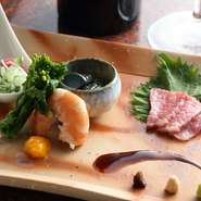 従来の洋食スタイルの前菜に、和食の調理法や味付けなども融合させた四種の料理。備前焼の器にもぴったりと合う和の装いも魅力的です。『天使のエビの黄身酢添え』や日替わりの小鉢など、唯一無二の味を楽しめます。