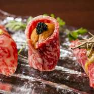 高級食材を惜しみなく使った『牛肉寿司3貫おまかせ盛り』