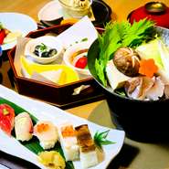 前菜：旬のおまかせ３種
造り：本日のお造り盛合せ
揚物：稚鮎の天ぷら
鍋物：鱧　鍋
すし：おまかせ5貫　
椀物：赤出汁
甘味：お楽しみ手作りデザート