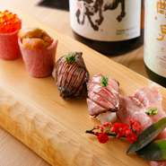 ・飛騨牛×イクラらこぼれ軍艦
・馬喰炭火タタキにぎり
・炙り厚切りタンにぎり
・飛騨牛×ウニ軍艦
・炙りトロサーロイン一本にぎり