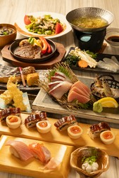 お肉もお魚もお寿司もデザートも、よくばりに楽しめる！
ご友人やご家族、会社の集まりなどにぜひ！