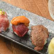 炙りハラミ寿司・中トロ寿司・馬肉寿司うに添え