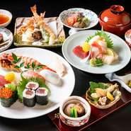 先付けからデザートまで、全8品がついた『宴』は上寿司一人前がしっかりと堪能できる、大満足な寿司会席コースです。季節感のある彩り豊かな一皿一皿が、大切な席を美しく演出します。
