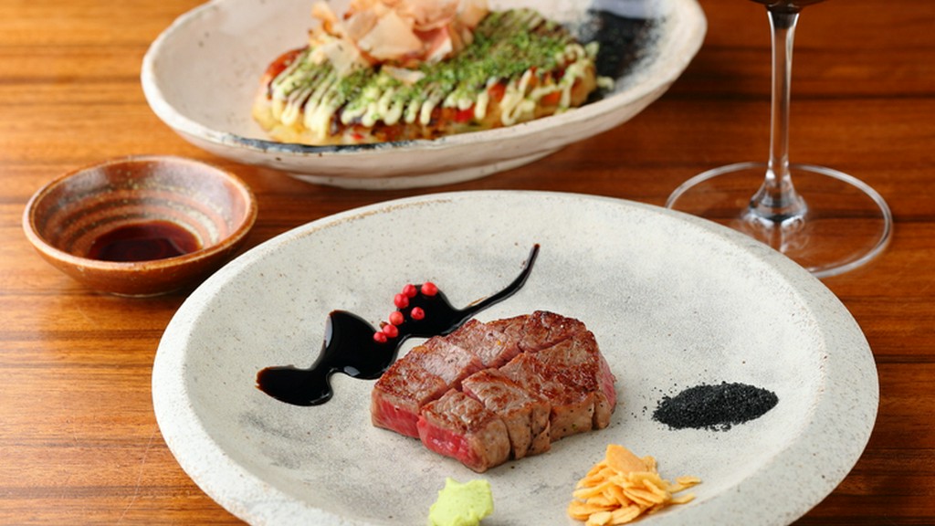 黒毛和牛赤身ステーキとお好み焼き