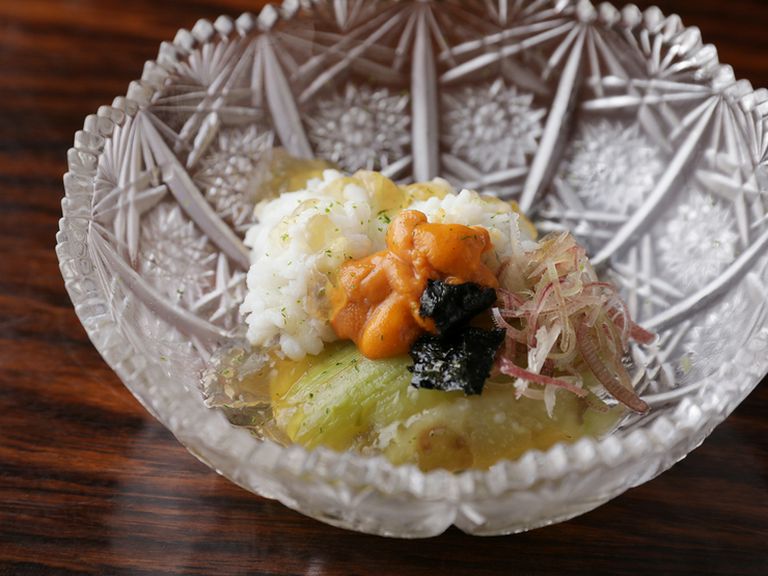 季節の素材をさっぱりと『鱧と茄子 土佐酢ジュレかけ』