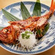 近海で水揚げされた、1キロ以上ある金目鯛が丸ごと堪能できる『姿煮』はコクのあるまろやかな味わいです。『特選　龍馬鮨コース』4名以上の予約で一皿サービスされるので、宴席で話題になること請け合いです。