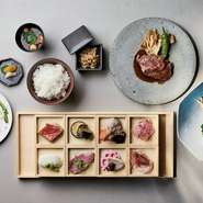鱧、松茸茶碗蒸しやお魚とお肉のメインディッシュなど豪華食材のフルコースのランチです。

■前菜盛り合わせ
■二皿目
■お魚
■お肉
■ご飯・漬物・赤だし・自家製鶏そぼろ
■甘味