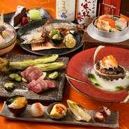 五感で季節を満喫する『前菜五点盛り』や『お造り』のほか、十勝の「ひとまい牛」など、予算内で希望に合わせてつくる店主お任せのコース。〆はもちろん釜めしです。（要予約）（写真は10000円コースの一例）