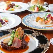 [献立内容]
前菜
スープ
サラダ
魚料理
国産牛フィレステーキ
ライスorパン
デザート
珈琲or紅茶

※写真はイメージです