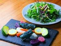 高原野菜の産地・長野県佐久市の「藤井農園」から直送される有機野菜のサラダは、焼いたお肉で巻いていただくのがオススメ。季節ごとに内容が変わる焼き野菜とともに、オーダー必至のメニューです。