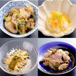 ■アオリイカのからすみ和え869円■砂肝の低温調理638円■つぶわさび658円■鮑の冷製肝ソース1408円