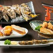ディナーでは【錦水館】の宿泊料理で提供されている、錦水館名物料理「牡蠣の西京グラタン」をはじめ、「牡蠣の醤油焼き串」「牡蠣フライ」「牡蠣の香草焼き」など味わう事ができます。