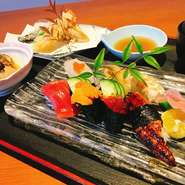 旬の食材を取り入れた上にぎり7貫、天ぷら、季節の1品、椀物