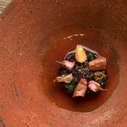 2種のビーツは窯でドライにしパイナップルやブルーベリーでグレイズ。カシスのシートをかけ、上には様々な花や果実のピクルスを。ルバーブを乳酸発酵させて作ったスープに、根っこの香りを抽出させたオイル加えて。