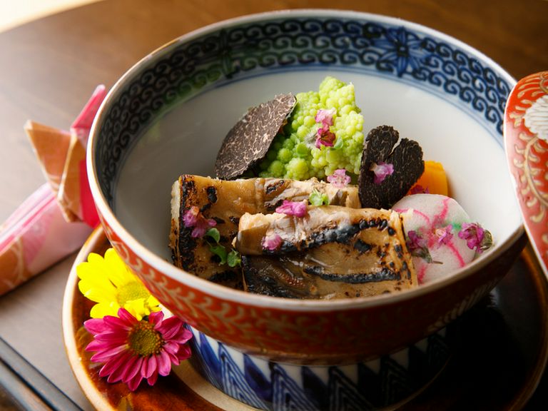 だし香る『煮物 大穴子と農園野菜の炊き合わせトリュフ添え』