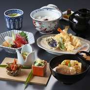 ・先付
・お造り
・治部椀
・茶碗蒸し
・天ぷら
・ご飯
・味噌椀
・香の物
・お食後