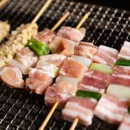 鶏串、鶏皮串、砂肝串、ホルモン串、牛サガリ串など、豊富にそろった串料理も七輪焼きで楽しめます。肉、魚、両方が楽しめるのもお店の魅力のひとつ。