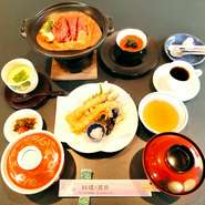 海老と季節野菜の天ぷら盛合せ、和牛ロース朴葉みそ焼き
茶碗蒸し、ごはん、香の物、お吸い物

食後のデザートと珈琲セットはプラス３００円(税込）
