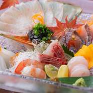 器に何が盛られてくるかはその日のお楽しみ。五島で獲れる鮮魚をはじめ、旬の素材をまずはお造りでお楽しみあれ。香りが高く、さっぱりした味わいの「生醤油」が素材の味を一層引き立てます。