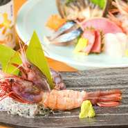 “網走産　一本釣り活〆キンキ”、イカは“ヤリイカ”に“スルメイカ”や帆立などの魚介類だけでなく、野菜もアスパラ、山菜、とうもろこし、じゃがいもと、北海道の旬の味を楽しめる料理を提供しています。