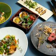 ・お口取り
・前菜4品盛り合わせ
・温前菜
・温製パスタ
・肉料理
・スープリゾット
・ドルチェ