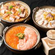 石川県のブランド米「ひゃくまん穀」の土鍋ごはんは、『甘海老といくら』『雲丹とのどぐろ』に加え、スープで炊いたご飯に炭火焼きをのせた『炭火焼鳥炊き込み』の3種が楽しめます。