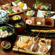 日本全国の旬食材の串揚げ12種類を中心に、熊本県産の「馬刺し」を盛り合わせた納得のコース。記念日、誕生日などのお祝いの席や各種宴会などでの利用にオススメです。