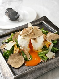 『ふわふわにした尾張の玉子とイタリア産フレッシュオーボリ茸のサラダ仕立て　秋のトリュフをちらして』