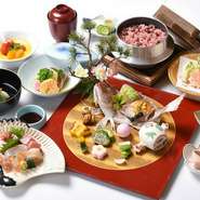 先付、吸物、造り、煮物、焼鯛、油物、お赤飯、赤出汁、香の物、水菓子