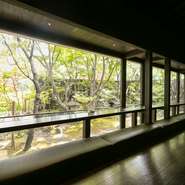 カウンター席は全面ガラス張りとなり、広大な日本庭園を間近に望める贅沢な設え。秋の紅葉、初夏の青もみじをはじめ、四季折々の風情を身近に感じながら、季節の滋味に憩えます。お席の配置もゆったりです！