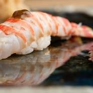 画像は、長年握り続けている鮨の一つ「車海老」。半生にボイルすることで、プリッとした生の食感と海老の甘みの両方を楽しむことができます。海老味噌は上品なアクセントに。