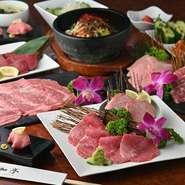キムチ盛り合わせ・塩盛り／タン元／上ロース・握り／牛トロ握り／タン塩握り・ハツ・タレ盛り／上カルビ／ハラミ／サーロイン・石焼ビビンバ（スープ付き）・デザート・本日のお土産
