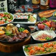 【ひびこれ】のおいしいものをちょっとずつ、一通り食べられる人気のコース。写真は飲み放題付4500円のコース料理で、予算に応じて選ぶことができます。2名から注文OKなので、デートにもオススメ。