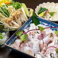 【四季の味 壷井】では、その時期に一番おいしい「ふぐ」を厳選。皮を湯引きにした珍味「皮刺し」、透き通るような「てっさ」、自慢のだしでいただく「てっちり」などをコース仕立てで楽しめます。