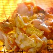 宮崎県から直送の地鶏は地頭鶏（じとっこ）です。
本場宮崎の製法と同じ、宮崎県産の備長炭でじとっこを一気に焼き上げた炭火焼きです。炭の香りと共にじとっこの食感、旨味を柚子胡椒を付けてお召し上がりください
