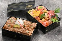 柔らかい豚の照り焼きを相性抜群の白御飯と。季節の八寸、焚き合せ、和え物、酢の物付きの豪華二段重弁当です。