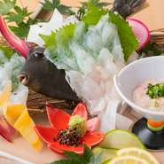 九州の新鮮な本カワハギ。身の引き締まったお刺身はお醤油やポン酢に肝を落としてご賞味ください。後造りでお味噌汁もお楽しみいただけます。※仕入れの状況によって金額が変わります。