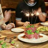 【☆記念日におすすめ☆】★自家製ローストビーフの肉ケーキ★＆ハラミのグリルと肉尽くし！記念日デザートプレートも♡　素敵な１日の仕上げに&hearts;　100種以上からの２h飲み放題・生ビール付き

税込　￥5000