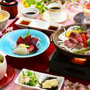 ［旬菜］旬の物2種
［造里］本日入荷の鮮魚盛合せ
［蒸し物］茶碗蒸し
［台の物］牛フィレ肉と春野菜の陶板焼き
［飯物］筍の炊き込みご飯、香の物、赤出汁
［デザート］季節のデザート