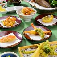 ◎先付け一種
◎野菜スティック　
◎板前天婦羅8品（・天然海老・本日の鮮魚・山菜・太市産筍の木の芽味噌・アスパラガス・天然海老昆布巻き・播州サーモン(桜マス)・桜海老かき揚げ）
◎飯物、香の物