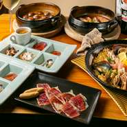 イベリコベジョータやパエリアといった定番スパニッシュを満喫。アヒージョはマッシュルームと赤エビからチョイスできます。非日常気分を気軽に味わえるショートコースです。